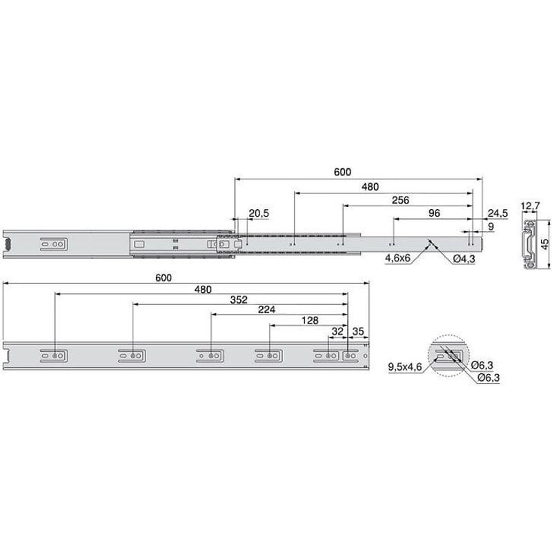 Coulisses à billes à sortie totale - hauteur 45 mm - L 300 mm EMUCA