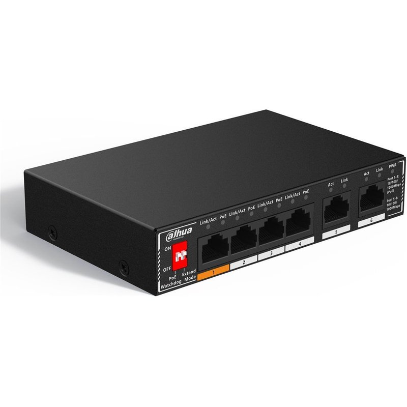 Dahua SG1006P - Commutateur - non géré - 1 x 10/100/1000 (High PoE) + 3 x 10/100/1000 (PoE) + 2 x 10/100/1000 (liaison montante) - de bureau, fixation murale - High PoE / PoE (60 W)