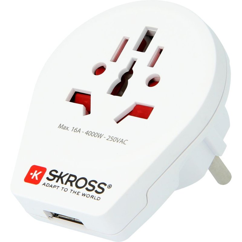 SKROSS World to Europe USB - Adaptateur pour prise d'alimentation avec adaptateur de charge USB - power CEE 7/7 (F) pour BS 1363, NEMA 5-15, SAA AS 3112, SEV 1011, USB (alimentation uniquement)...