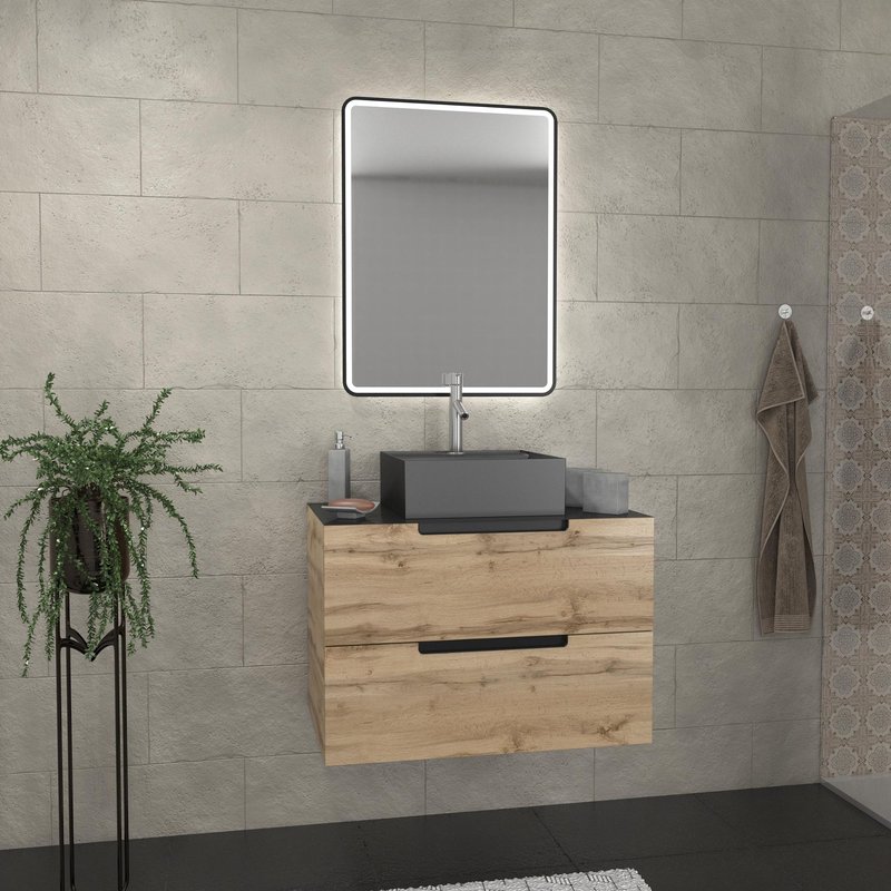 Meuble Salle De Bains 80 Cm 2 Tiroirs - Chêne Et Noir - Vasque Carrée - Miroir Black Led - Omega