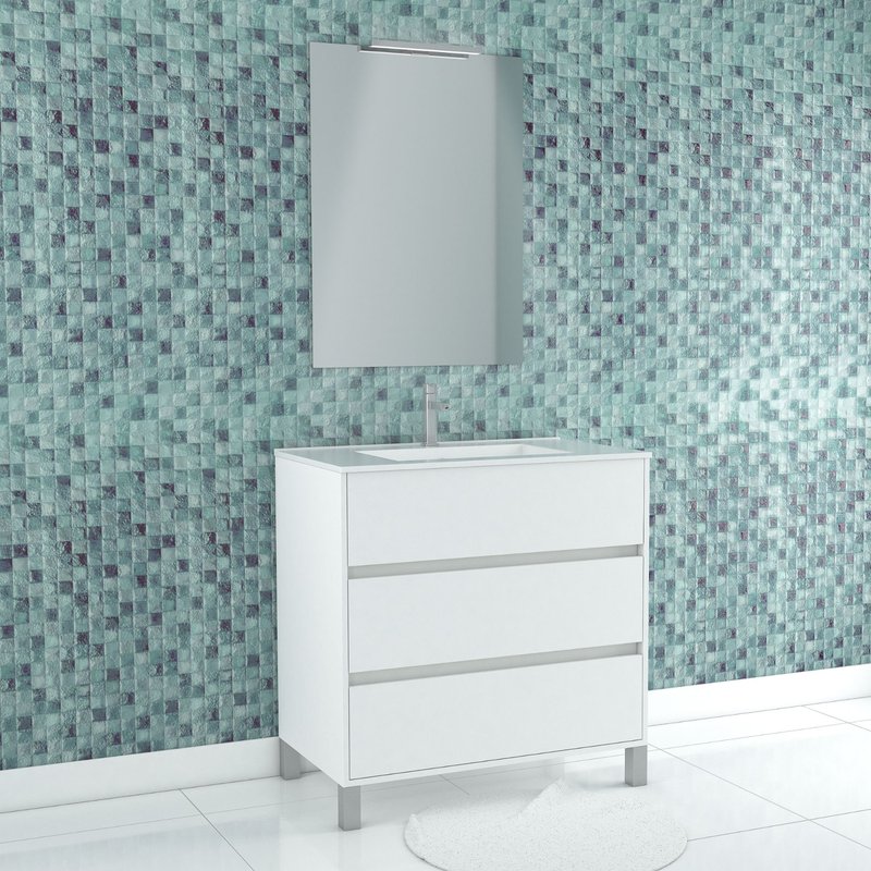 Pack Meuble Salle De Bains 80cm Blanc 3 Tiroirs, Vasque, Miroir 60x80 Et Réglette Led - Xenos