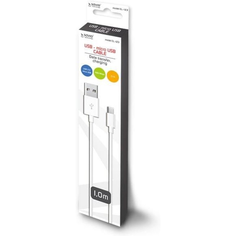 Savio CL-123 Câble USB 1 m USB 2.0 USB A Micro-USB B Blanc