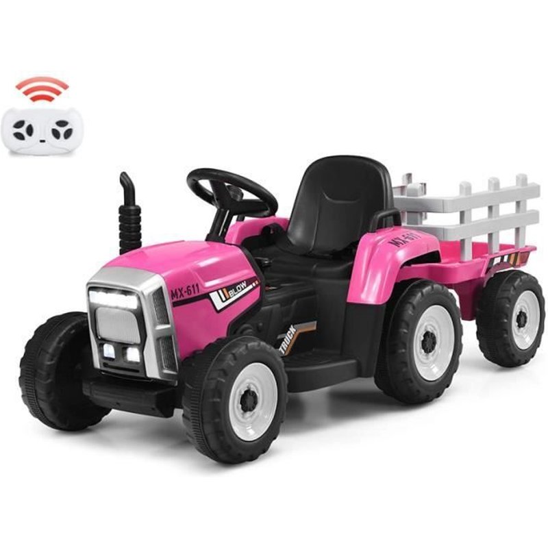 Costway Tracteur Electrique Enfant 12v 3 Vitesses - Remorque Et Télécommande 2.4g,Eclairage Led,Klaxon,Port Usb Rose