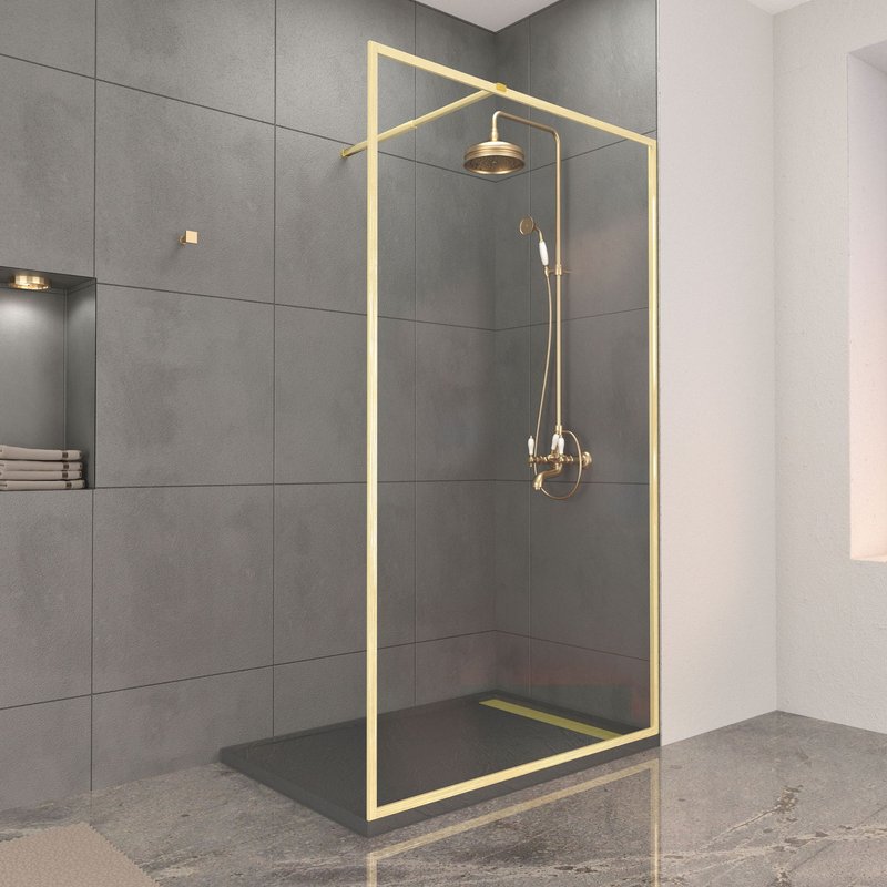 Paroi de Douche 120x200cm + Grille Finition Or Doré Brossé + Receveur Gris effet pierre 120x90x4cm