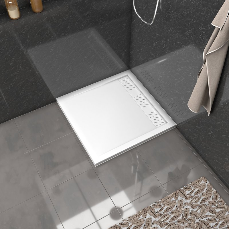 Receveur en acrylique Blanc 80x80x4 cm + Grilles Linéaires Chrome et Blanche Mate