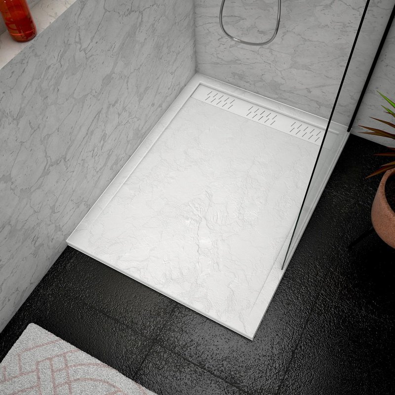 Receveur en acrylique Blanc Effet Pierre 90x120x4 cm + Grilles Linéaires Chrome et Blanche Mate