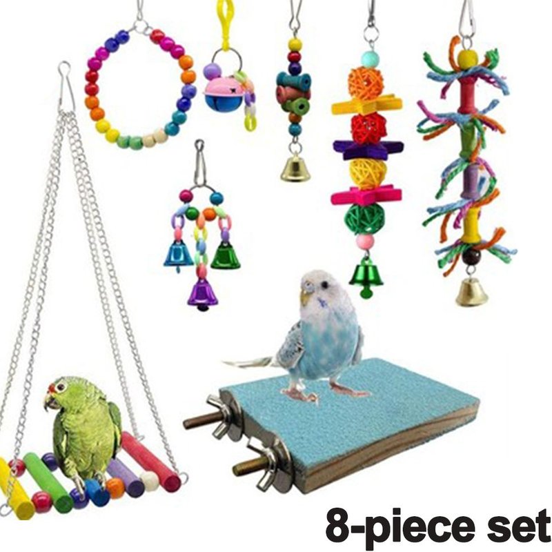 8pcs Oiseau Perroquet Jouets, Bois Naturel Oiseau Balançoire Escalade Mâcher Debout Suspendu Perchoir Hamac Corde Échelle Cloche Cage À Oiseaux Jouets Pour Perruche Ondulée, Perruche,