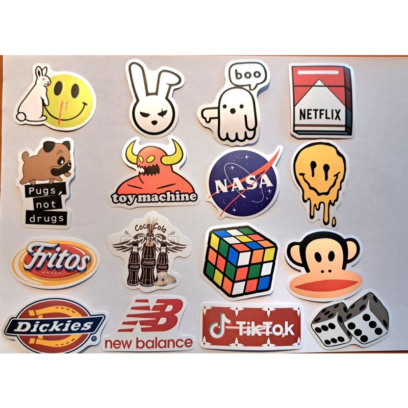 Lot De 16 Autocollants Repositionnables Publicité Netflix Smiley Nasa Toy Machine Fritos Rubik's Cube Dickies Tik Tok Dés Chien Lapin Sneakers Nb New Balance