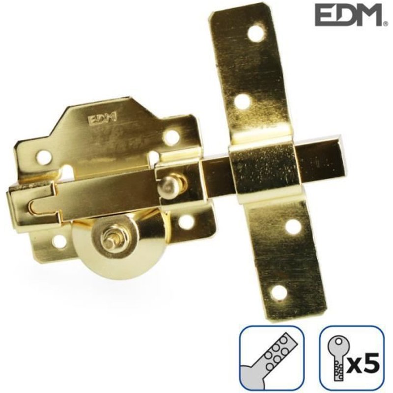 Verrou de superficie doré avec cylindre rond de securité et loquet d'ouverture edm.