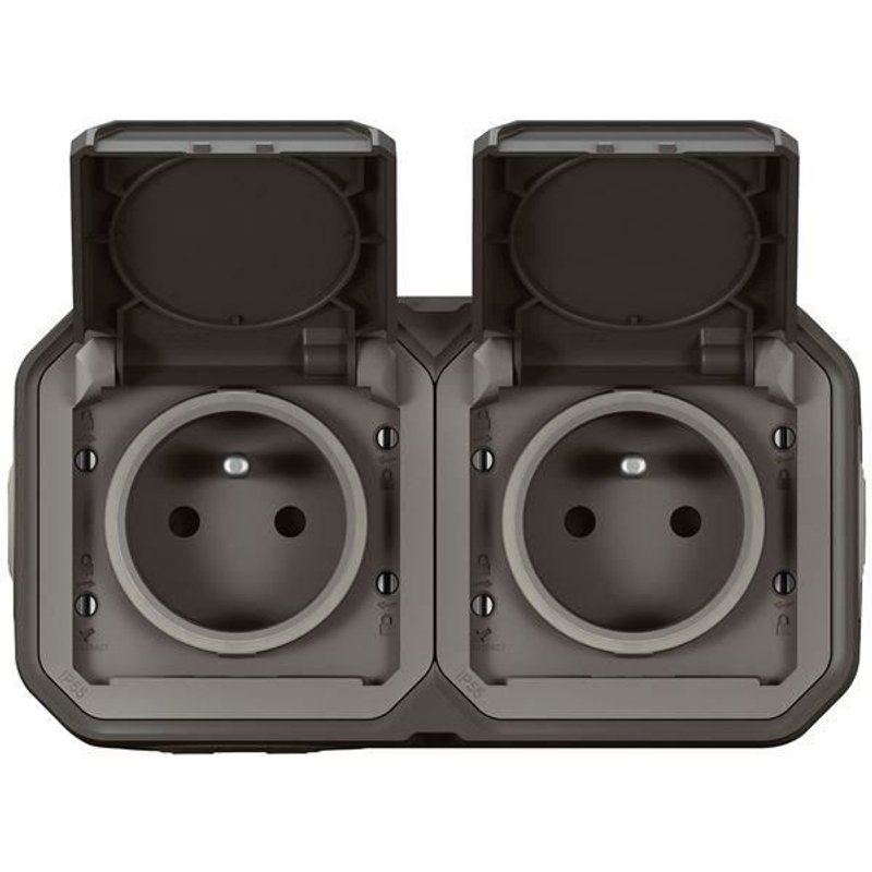 LEGRAND Double prise de courant avec terre étanche précâblée avec volet Plexo - 16A 250V - Anthracite