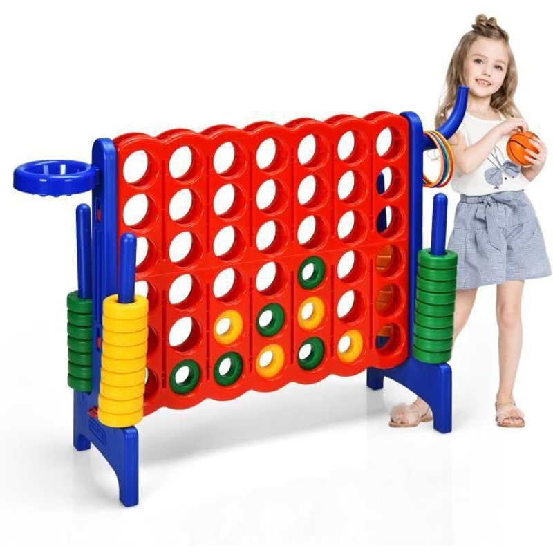 Costway Jeux Puissance 4 Géant Multifonction 3 En 1 Avec Cerceau De Basket-Ball Jeu D?Anneaux Au Côté 42 Anneaux Pour Enfants Bleu