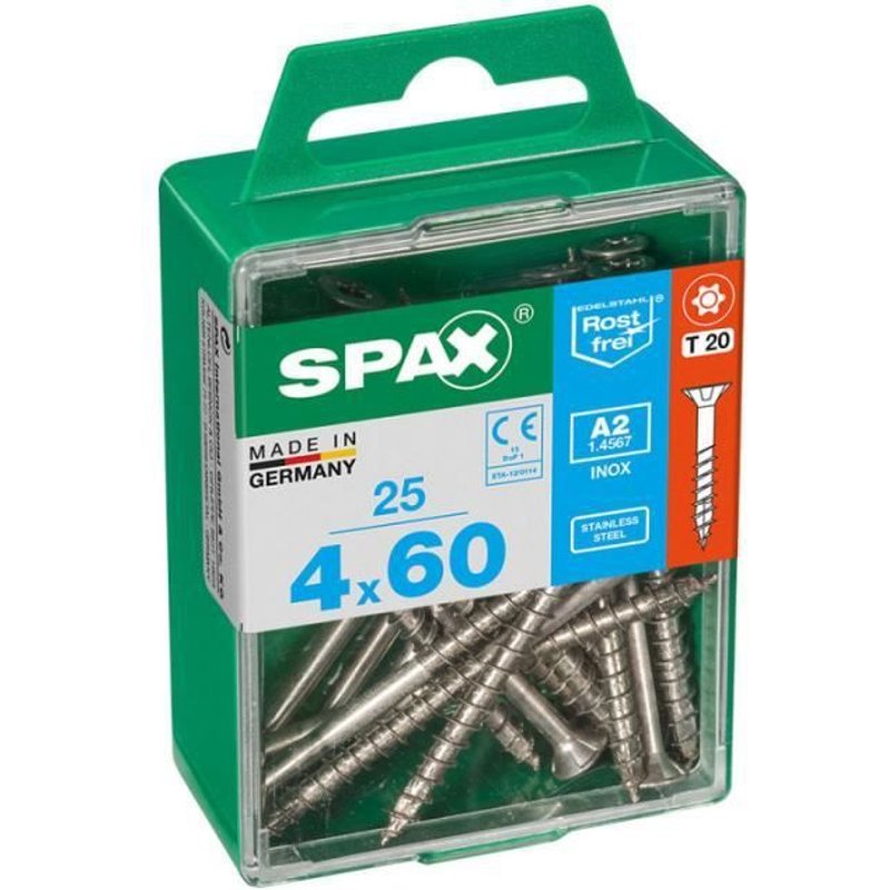 Boîte 25 unités. vis a bois spax cab. plat inox a2 4.0x60mm spax