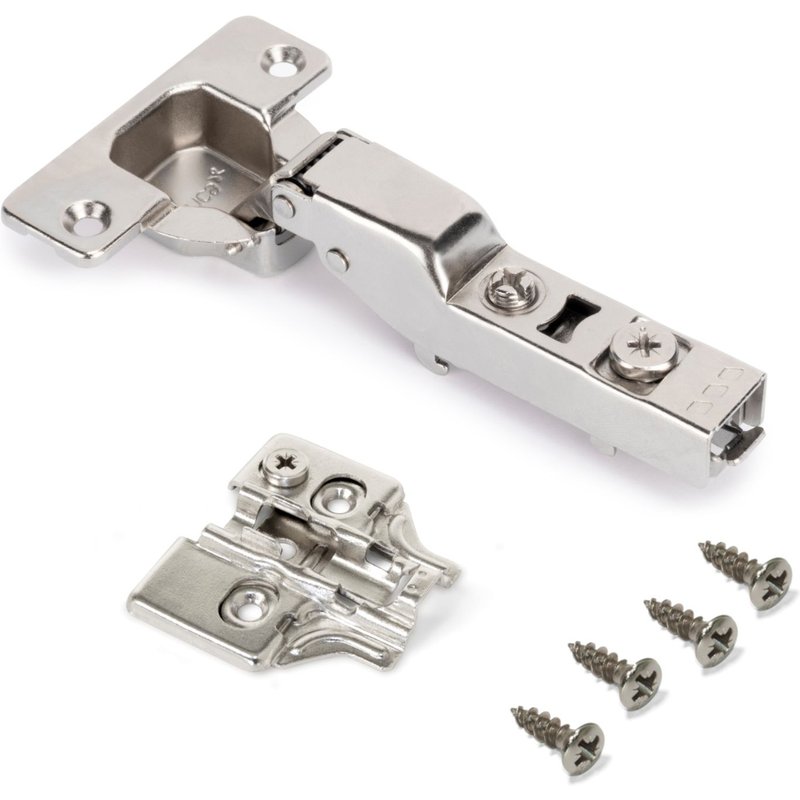 Emuca Kit charnière coudée pour montage en applique sur panneau mitoyen X92 avec fermeture amortie et embase, Embase à visser, Nickelé, Acier, 20 ut.