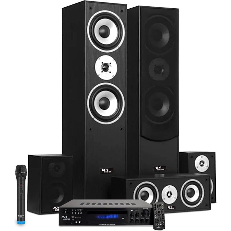 Home-Cinéma 5.1 - Evidence Acoustics, 5 enceintes 850W - Amplificateur EA-7360, USB SD Bluetooth Radio, Microphone VHF Karaoké