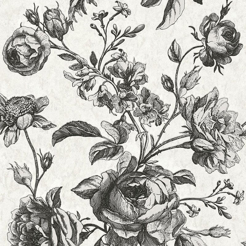 Papier peint floral Profhome 387002-GU papier peint intissé légèrement texturé avec un dessin floral scintillant crème blanc-perlé noir gris 5,33 m2