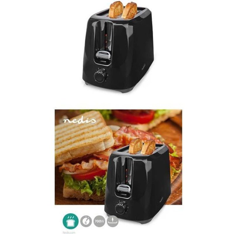 Grille pain noir 2 Emplacements Thermostat réglable: 6 700 W avec Tiroir à miettes