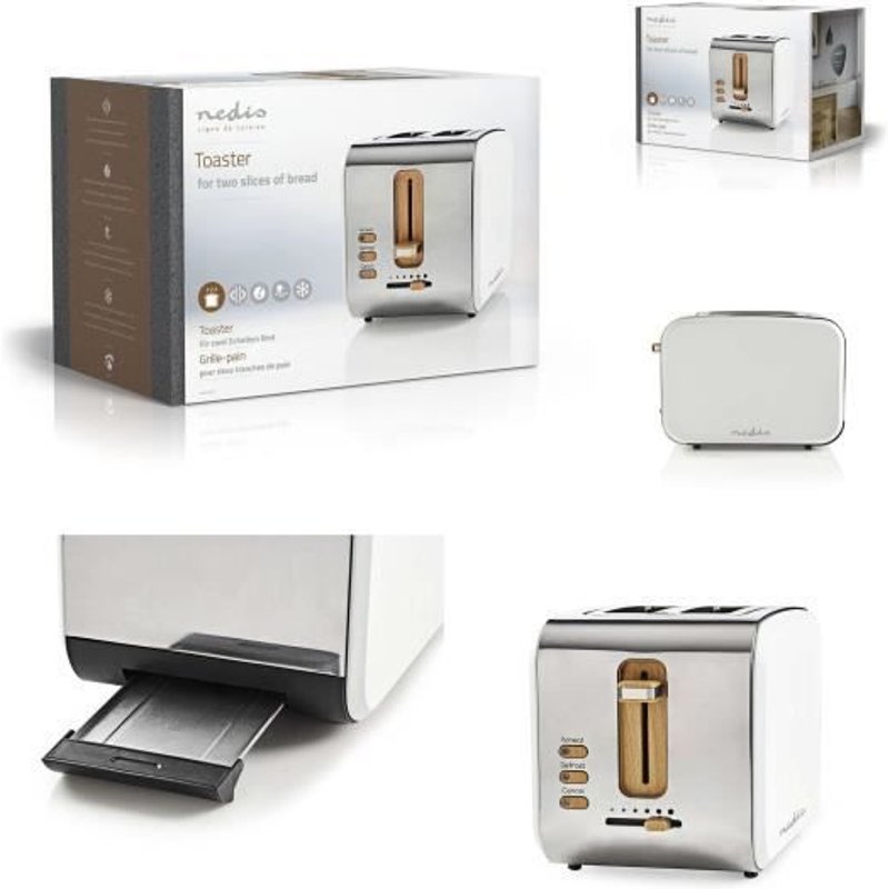 Grille-pain 2 Fentes Larges 900W Bois et acier Doux au toucher Blanc pour muffins bagels cadeau de cuisinel