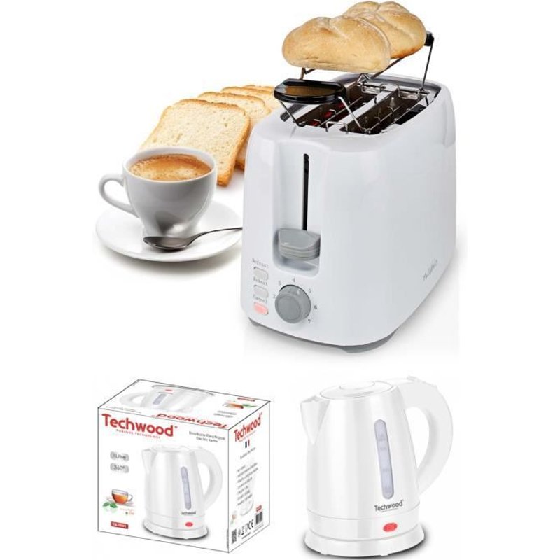 PACK DEJEUNER Bouilloire électrique Blanche 1L 1600W + Grille-pain Blanc 2 Fentes 750W 7 niveaux de température