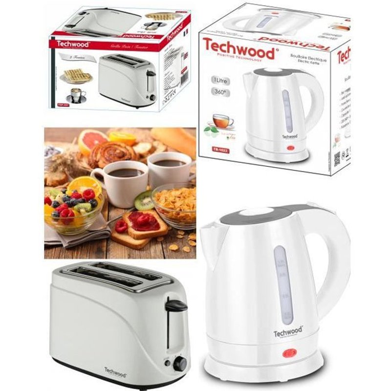 Pack Grille Pain 2 Fentes Blanc 700W + Bouilloire 1L 1600W Blanche