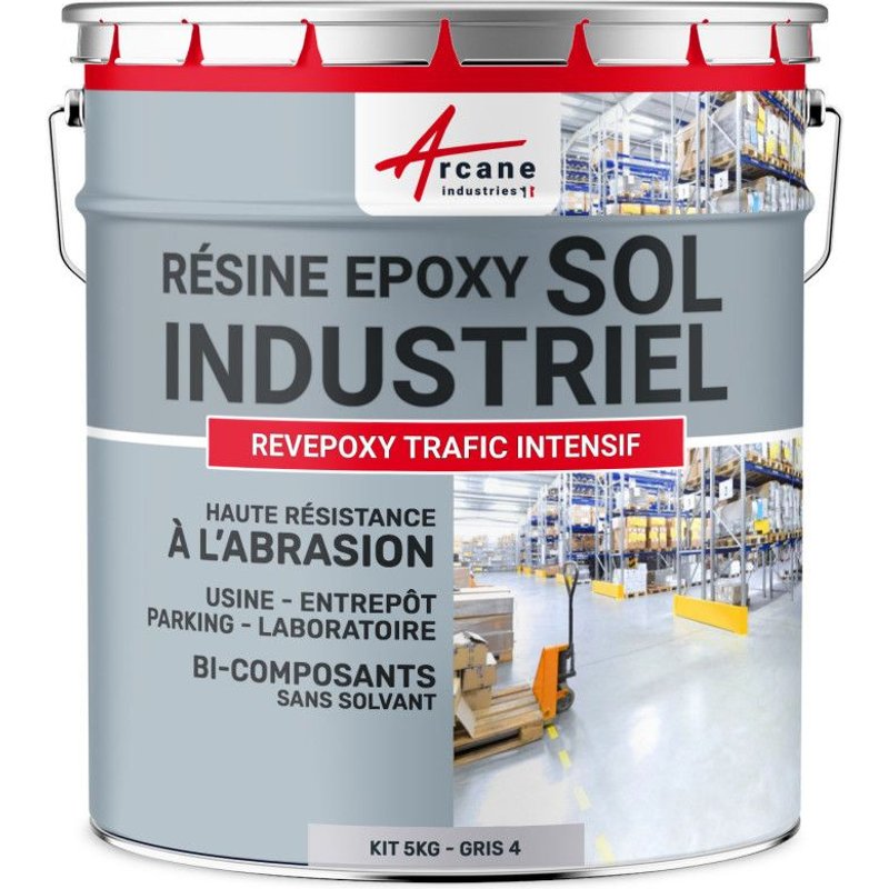 PEINTURE SOL : Résine Epoxy - Revêtement Sol Industriel et Sol Béton, usine, parking - REVEPOXY TRAFIC INTENSIF Gris 4 ral 7047 kit 5 Kg (jusqu'à 10m² pour 2 couches)