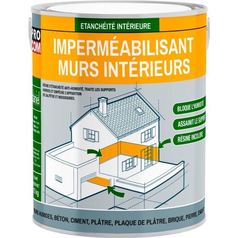 Peinture d'étanchéité, imperméabilisante - murs intérieurs, platres, pierres, briques, ciment, béton durcisseur PROCOM 0.75 litres Incolore