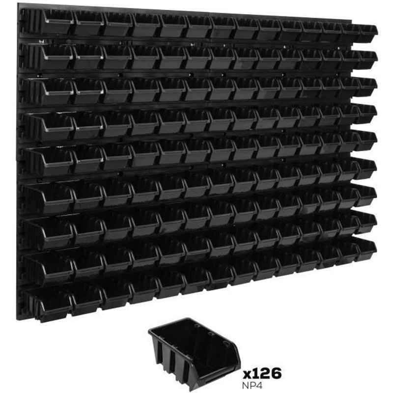 Système de rangement 115 x 78 cm a suspendre 126 boites bacs a bec XS noir boites de rangement