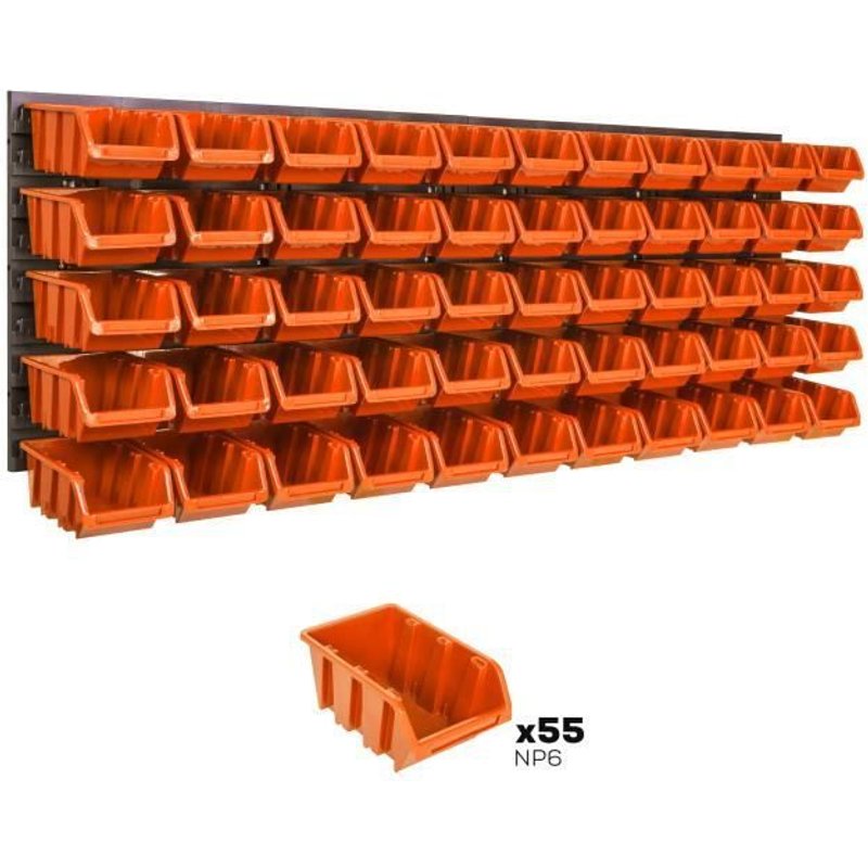 Lot de 55 boîtes S bacs a bec orange pour système de rangement 115 x 39 cm au garage