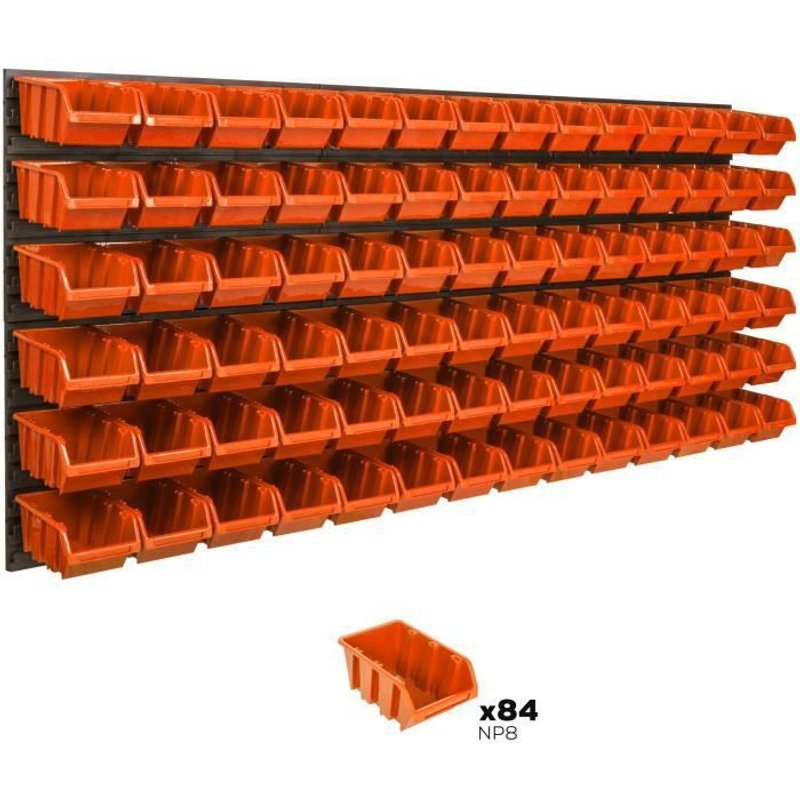 Lot de 84 boîtes M bacs a bec orange pour système de rangement 173 x 78 cm au garage