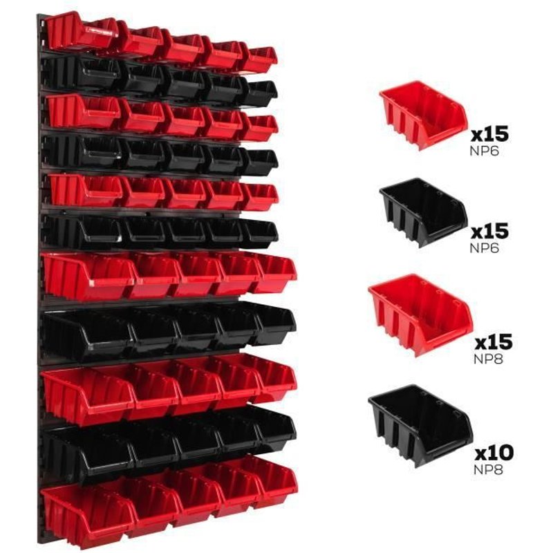 Système de rangement 58 x 117 cm a suspendre 55 boites bacs a bec XS et S rouge et noire boites de rangement