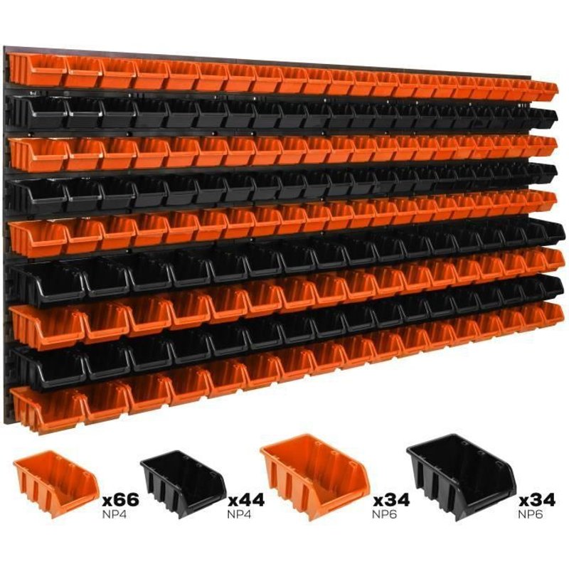 Lot de 178 boîtes XS et S bacs a bec orange et noir pour système de rangement 177 x 78 cm au garage