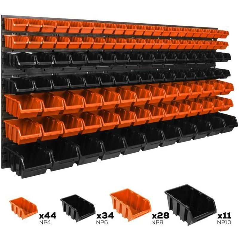 Lot de 117 boîtes XS S et M bacs a bec orange et noir pour système de rangement 179 x 78 cm au garage