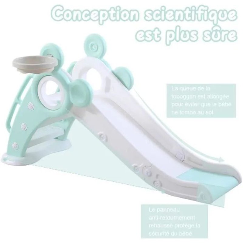 Toboggan Pliable Vert Et Blanc Pour Enfants,Aire De Jeux 3 En 1, Panier Basket Ensemble D'escalade Solide Glisser Intérieur Extérieur, Solide Hdpe
