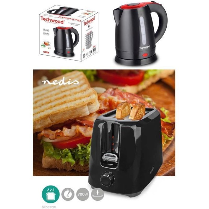 Pack déjeuner - TECHWOOD - Bouilloire électrique Noire 1L 1600W + Grille-pain Noir 2 Fentes 700W