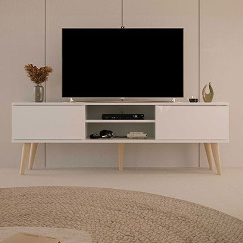 Meuble Tv 2 Portes 160x35x55,2 Cm Blanc Et Naturel - Cisko