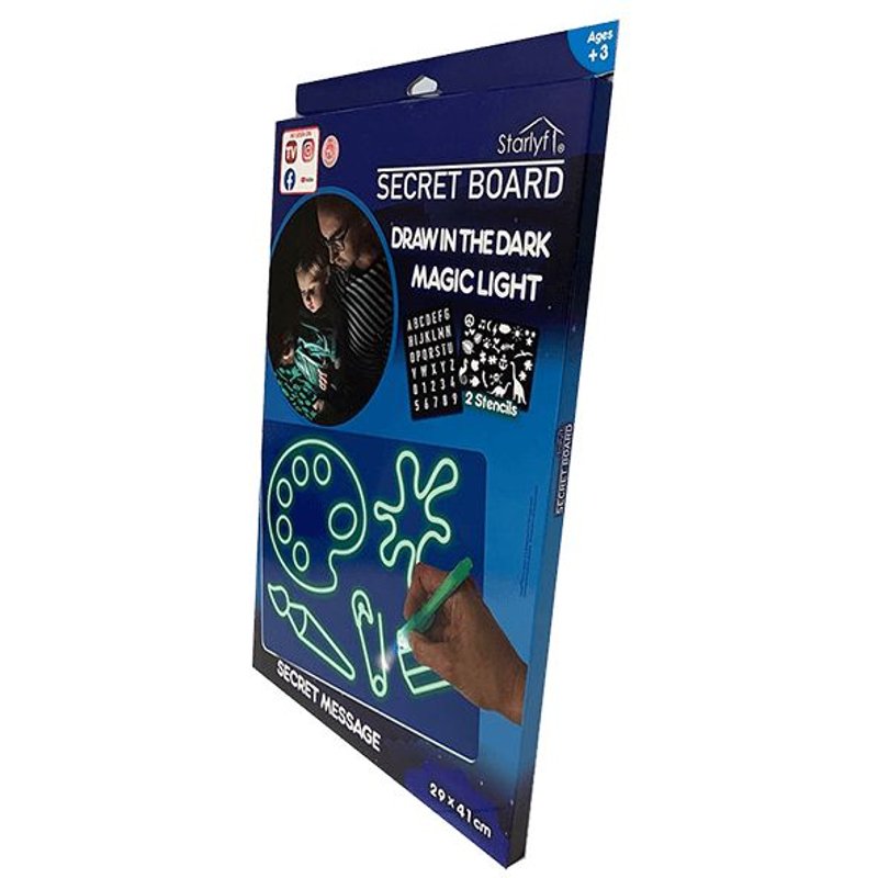 Venteo - Starlyf Secret Board Grand Modele - Dessiner Avec De La Lumière Et Dans Le Noir + 1 Feutre À Encre Invisible Et 2 Pochoirs