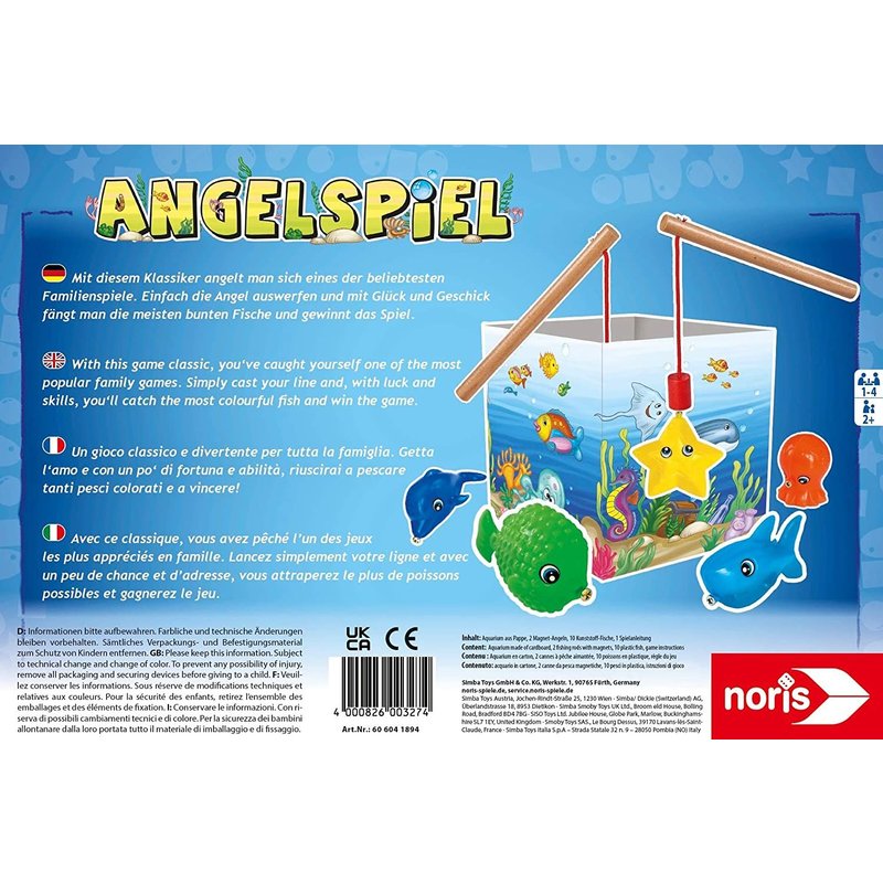 Noris 606041894 Jeu De PĂȘche, Figurines De Poissons Passionnants Et 2 PĂȘches En Bois Ă Partir De 2 Ans