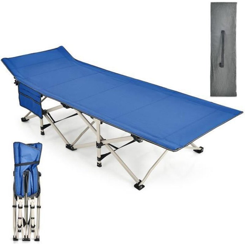 Costway Lits De Camp Pliable 190 X 72 X 51 Cm Avec Sac De Transport Tête Inclinée Poche De Rangement Latérale Charge 400 Kg Bleu