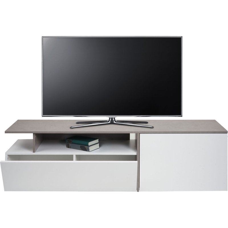 Meuble Tv Hwc-L34, Lowboard Table Tv Sideboard Armoire Tv Commode, Bois 45x161x40cm Compartiment De Rangement, Aspect Béton Blanc