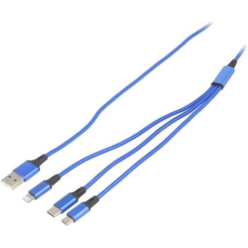 Cable USB 2.0 prise Apple Lightning prise male USB B micro prise USB C vers prise USB A 1.2m - Bleu