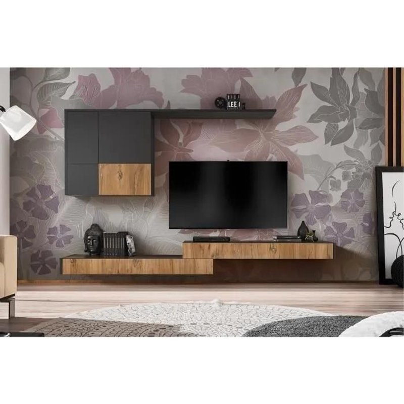 Meuble Tv Mural Loft Small Corps Anthracite Gris Mat Façade Couleur Chêne Bijoux L285 X H200 X P42cm