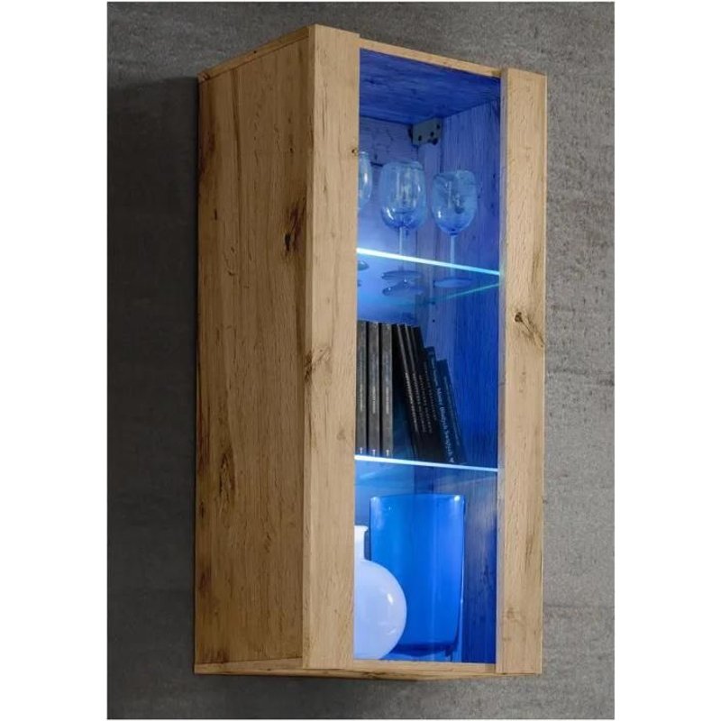 Meuble De Rangement Suspendu Open Vertical 100 - Led Bleues - Bois Naturel Mat & Bois Naturel - L50cm X H100cm X P29cm