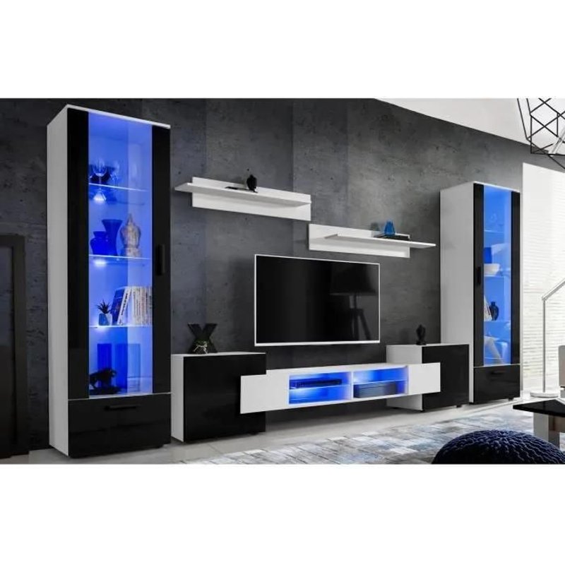 Meuble Tv Citadel Extreme Furniture - Led Bleues - Noir Brillant & Blanc - Façades En Brillant - L 350cm X H195cm X P42cm