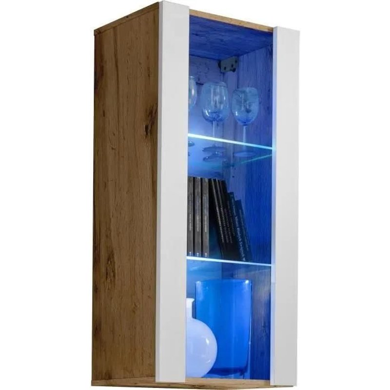 Meuble De Rangement Suspendu Open Vertical 100 - Led Bleues - Blanc Mat & Bois Naturel - Façades En Mat - L50cm X H100cm X P29cm