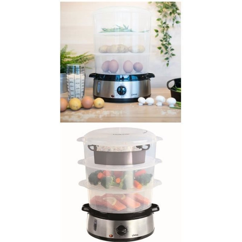 CUISEUR VAPEUR INOX 3 ETAGES GRIS Contenance 9 litres 800W avec les 3 paniers