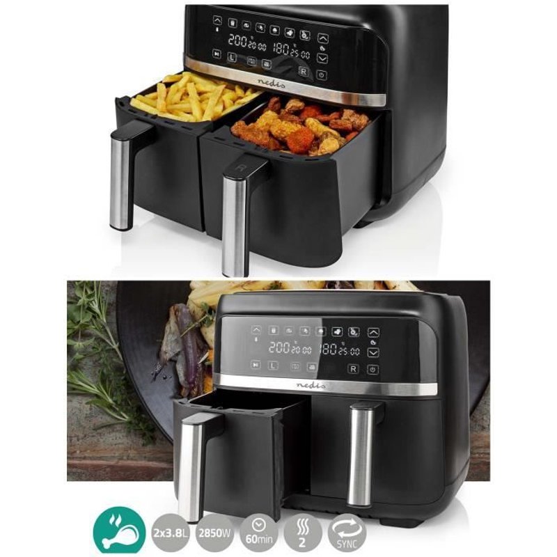 Friteuse Double Numérique 2x3L8 AIR FRYER LCD 2850W 40°C 200° Couvercles anti-éclaboussure - 2 paniers à frire - Filtre -
