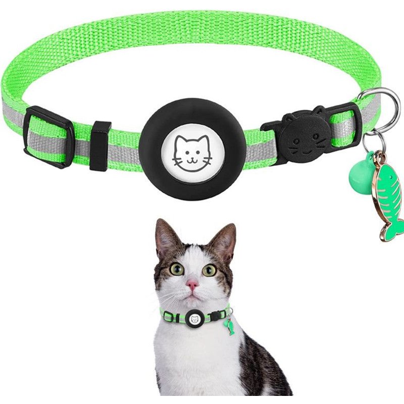 Collier Pour Chat Airtag (Vert), Collier Pour Chat Airtag Réfléchissant Avec Clochette Et Couvercle De Support Airtag Étanche En Silicone, Adapté Au Collier À Boucle De Sécurité Amovible Des Chats, Ch