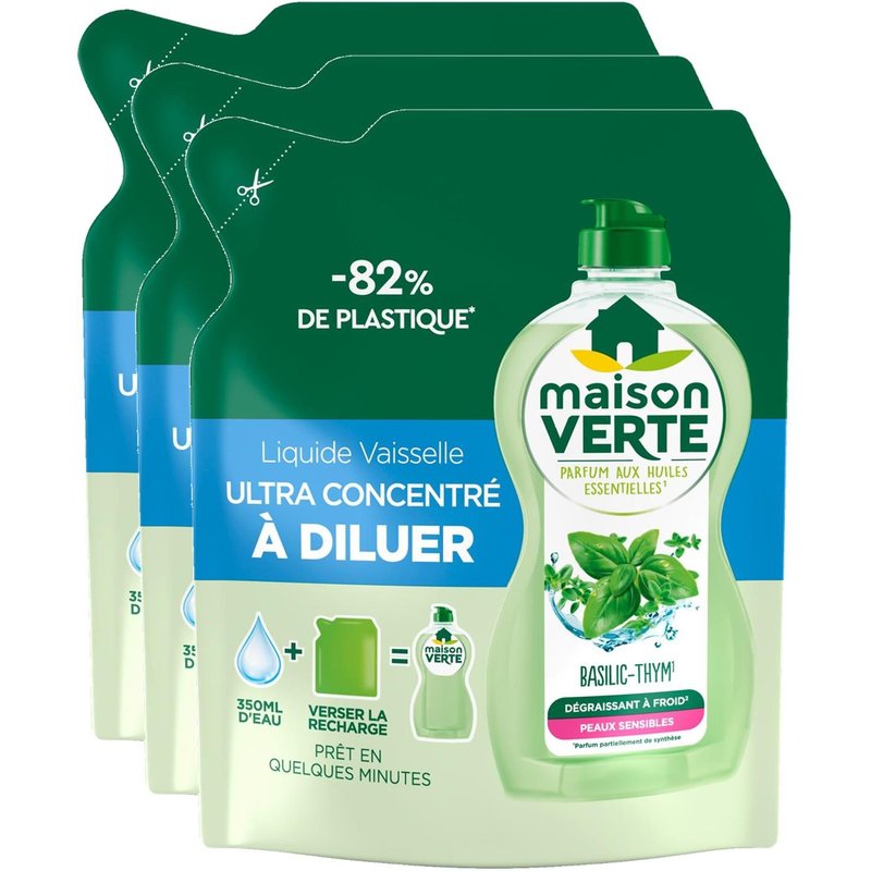 MAISON VERTE Lot de 3 Liquides Vaisselle Ultra concentré à Diluer Thym&Basilic 150ml