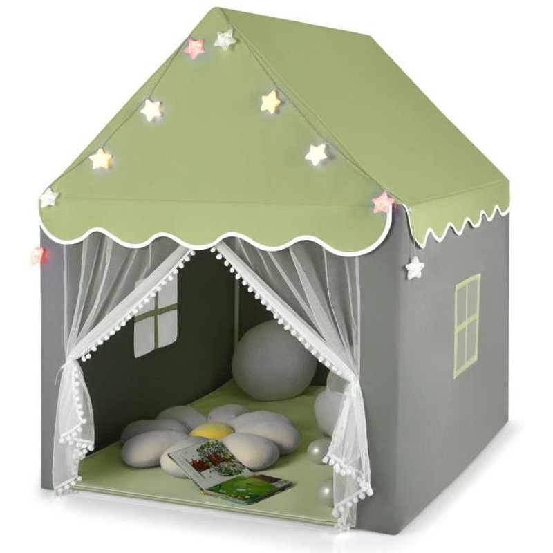 Costway Tente Pour Enfants, Cabane De Jeu Intérieure/Etérieure Avec Lumières Étoiles, Avec Tapis Lavable 105 X 121 X 136 Cm Vert