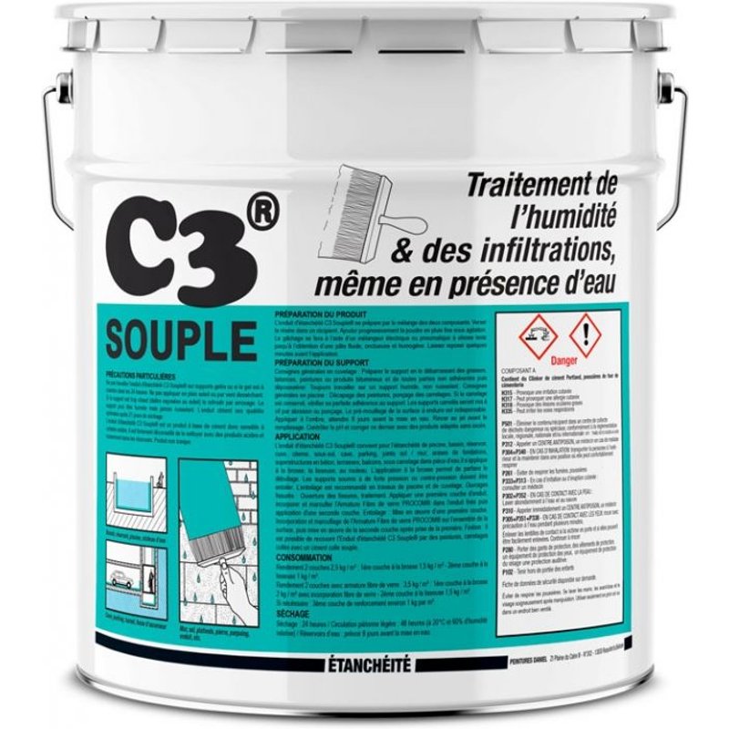 Enduit d'étanchéité souple pour piscine, bassin, cuve, citerne - Enduit de cuvelage flexible sous-sol, cave C3 SOUPLE - PROCOM 35 Kg Gris