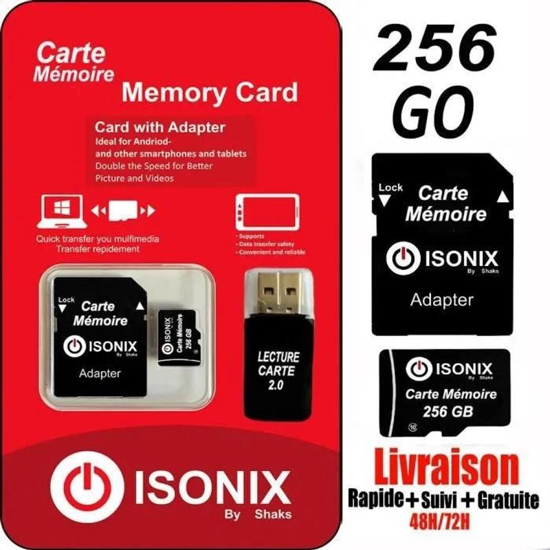 ISONIX Carte Mémoire Micro-sd 256 go Micro SDHC/SDXC + Adaptateur 100% Réel Class 10 + lecture carte